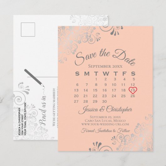 Silver Lace Coral Wedding Save the Date Calendar Aankondigingskaart (Voorkant / Achterkant)