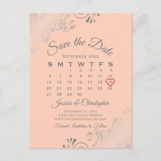 Silver Lace Coral Wedding Save the Date Calendar Aankondigingskaart (Voorkant)