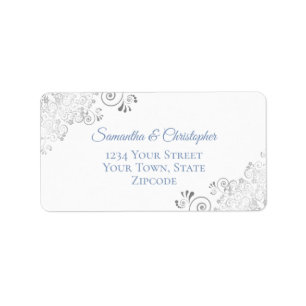 Silver Lace Dusty Blue op White Wedding Address Etiket