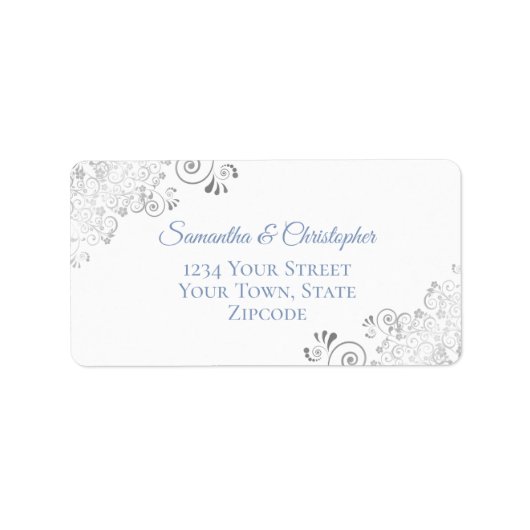 Silver Lace Dusty Blue op White Wedding Address Etiket (Voorkant)
