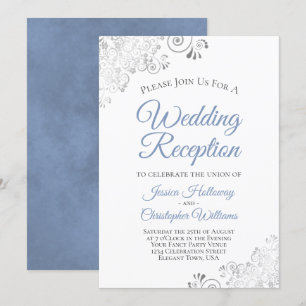 Silver Lace Dusty Blue op White Wedding Reception Kaart