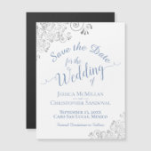 Silver Lace Dusty Blue Save the Date White Magnet (Voorkant / Achterkant)