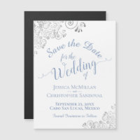 Silver Lace Dusty Blue Save the Date White Magnet