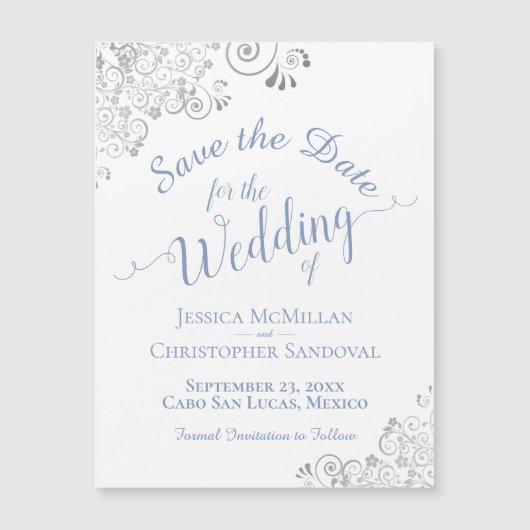 Silver Lace Dusty Blue Save the Date White Magnet (Voorkant)