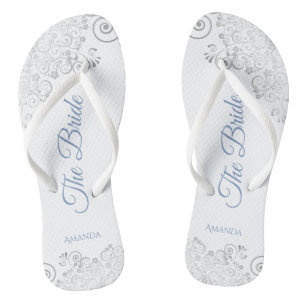 Silver Lace & Dusty Blue Script The Bride Wedding Teenslippers