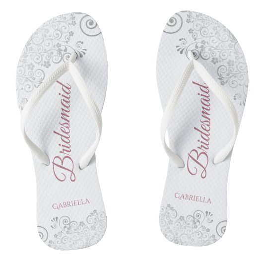 Silver Lace & Dusty Roos Script Bridesmaid Weddens Teenslippers (Voetbed)