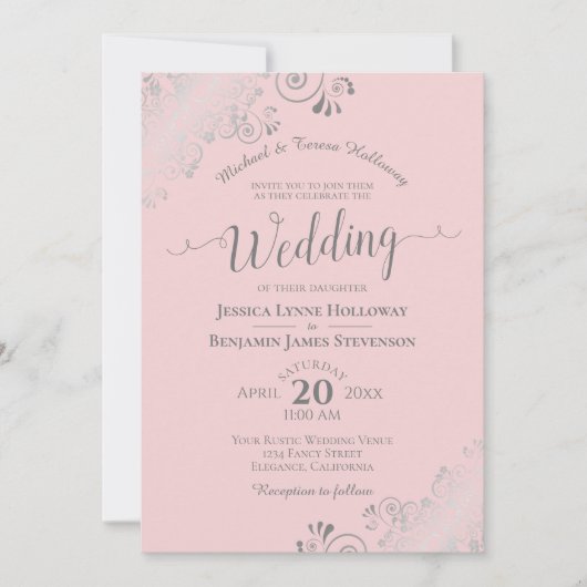 Silver Lace Elegant Blush Pink Formal Wedding Kaart (Voorkant)