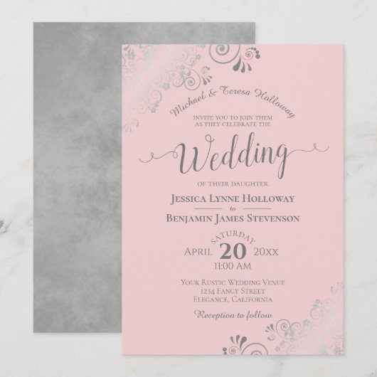 Silver Lace Elegant Blush Pink Formal Wedding Kaart (Voorkant / Achterkant)