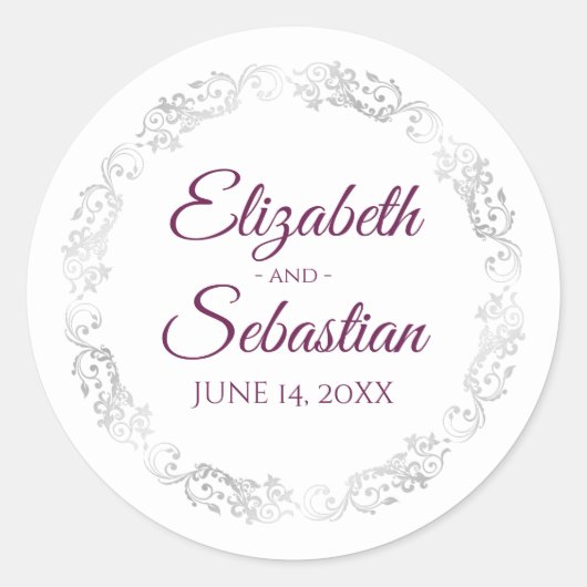 Silver Lace Elegant Cassis Paars op White Wedding Ronde Sticker (Voorkant)