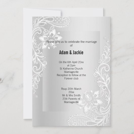 SILVER LACE ELEGANT KLASSE WEDDING 2 INVITATIE KAART (Voorkant)