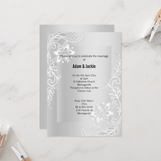 SILVER LACE ELEGANT KLASSE WEDDING 2 INVITATIE KAART (Voorkant / Achterkant in situ)