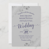 Silver Lace Elegant Navy Blue & Gray Wedding Kaart (Voorkant)