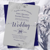 Silver Lace Elegant Navy Blue & Gray Wedding Kaart