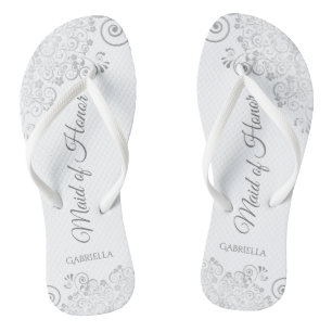 Silver Lace Elegant White Maid of Honor Wedding Teenslippers
