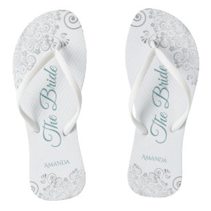 Silver Lace en Blauwgroen op White The Bride Weddi Teenslippers