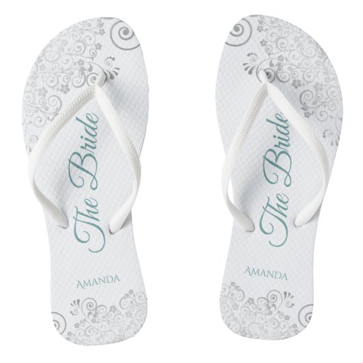 Silver Lace en Blauwgroen op White The Bride Weddi Teenslippers (Voetbed)