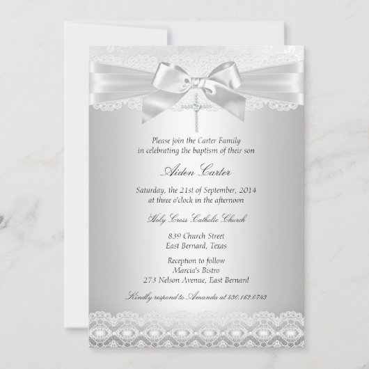 Silver Lace en Cross Baptism Invite Kaart (Voorkant)