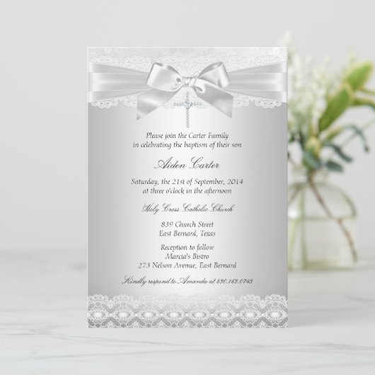Silver Lace en Cross Baptism Invite Kaart (Staand voorkant)