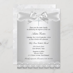 Silver Lace en Cross Baptism Invite Kaart