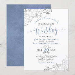 Silver Lace en Dusty Blue Formal White Wedding Kaart