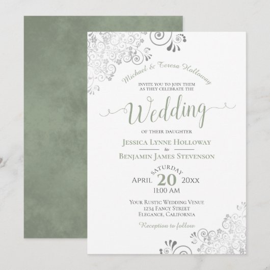 Silver Lace en Sage Green Formal White Wedding Kaart (Voorkant / Achterkant)