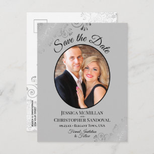 Silver Lace Grey Wedding Save the Date Oval Photo Aankondigingskaart