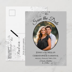 Silver Lace Grey Wedding Save the Date Oval Photo Aankondigingskaart