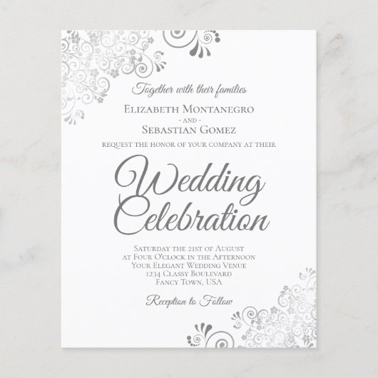 Silver Lace Grey & White BUDGET Weddenschap Uitnod (Voorkant)