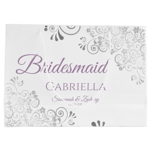 Silver Lace Lavender on White Bridesmaid Wedding Groot Cadeauzakje (Achterkant)