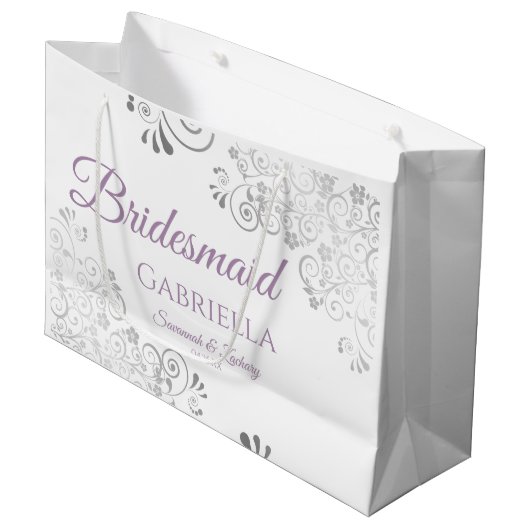 Silver Lace Lavender on White Bridesmaid Wedding Groot Cadeauzakje (Voorkant Gekanteld)