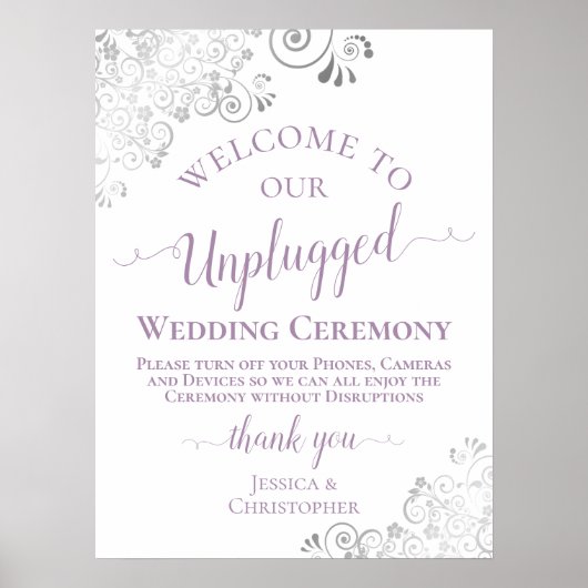 Silver Lace Lavender Unplugged Wedding Ceremony Poster (Voorkant)