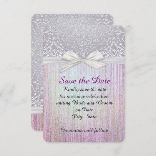 Silver Lace Lint Lavendel Pastel Save the date (Voorkant / Achterkant)