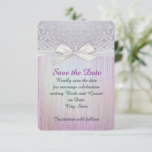 Silver Lace Lint Lavendel Pastel Save the date (Staand voorkant)