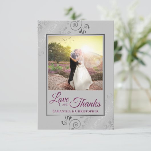 Silver Lace Magenta & Grey Love & Bedankt Wedding (Staand voorkant)