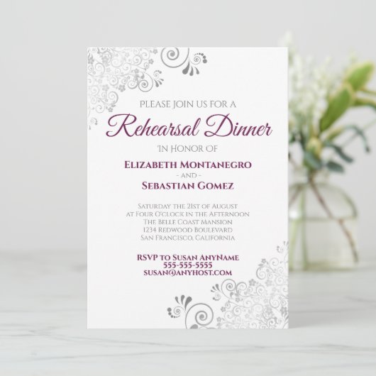 Silver Lace Magenta White Wedding Rehearsal Dinner Kaart (Staand voorkant)
