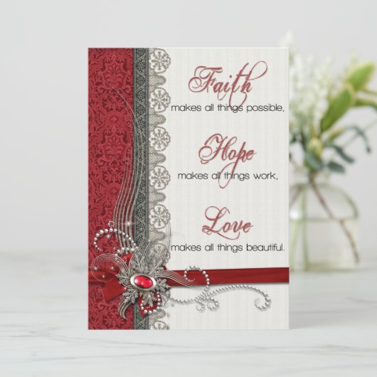 Silver Lace met tekst op Red Damask Feestdagenkaart (Staand voorkant)