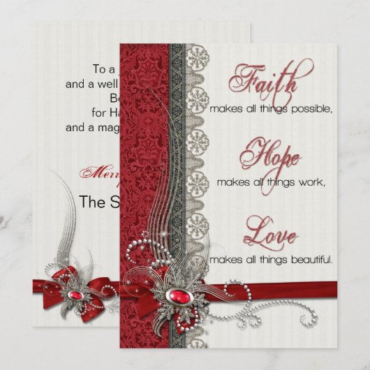 Silver Lace met tekst op Red Damask Feestdagenkaart (Voorkant / Achterkant)