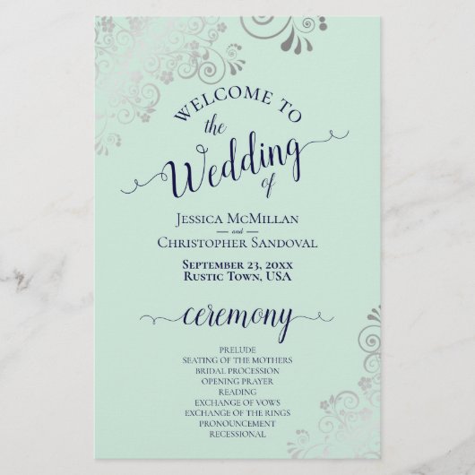 Silver Lace Mint & Navy Budget Wedding Programme (Voorkant)