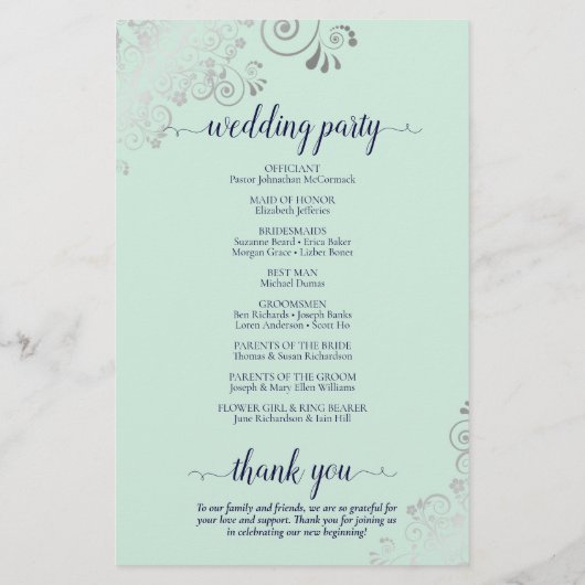 Silver Lace Mint & Navy Budget Wedding Programme (Achterkant)