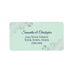 Silver Lace Mint & Navy Elegant Wedding Address Etiket