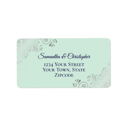 Silver Lace Mint & Navy Elegant Wedding Address Etiket (Voorkant)