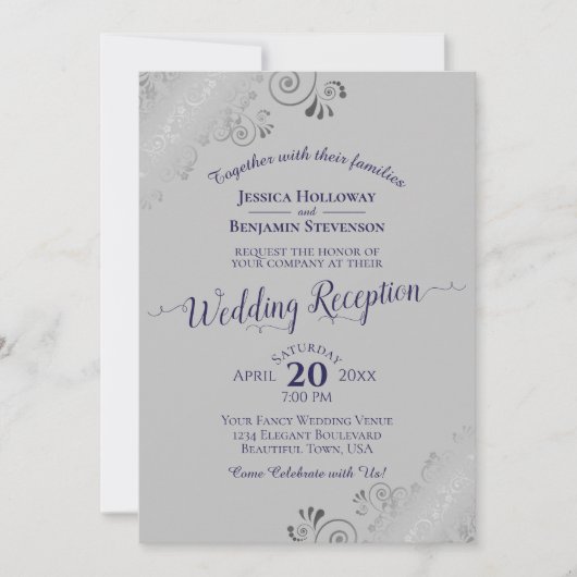 Silver Lace Navy Blue & Gray Wedding Reception Kaart (Voorkant)
