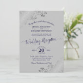 Silver Lace Navy Blue & Gray Wedding Reception Kaart (Staand voorkant)