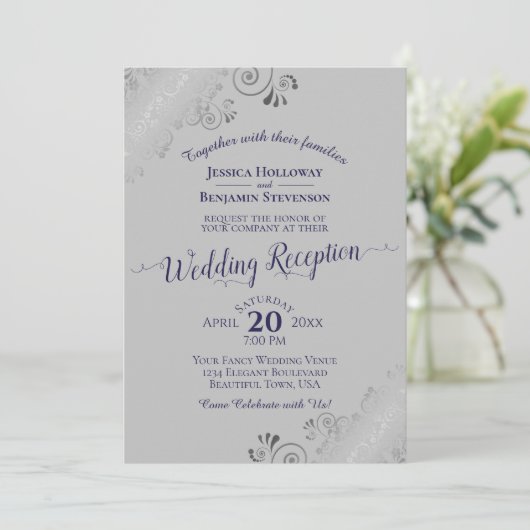 Silver Lace Navy Blue & Gray Wedding Reception Kaart (Staand voorkant)