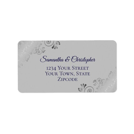 Silver Lace Navy Blue op Grijze bruiloft Etiket (Voorkant)