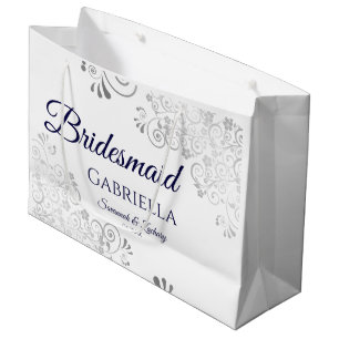 Silver Lace Navy Blue op White Bridesmaid Wedding Groot Cadeauzakje