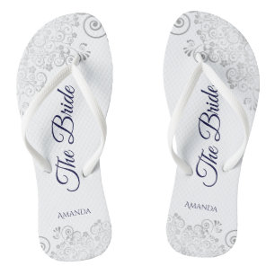 Silver Lace Navy Blue op White The Bride Wedding Teenslippers