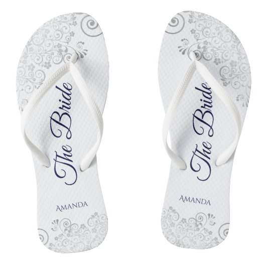 Silver Lace Navy Blue op White The Bride Wedding Teenslippers (Voetbed)