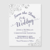Silver Lace & Navy Blue Save the Date White Magnet (Voorkant)