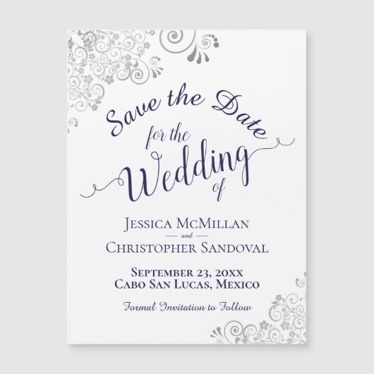 Silver Lace & Navy Blue Save the Date White Magnet (Voorkant)
